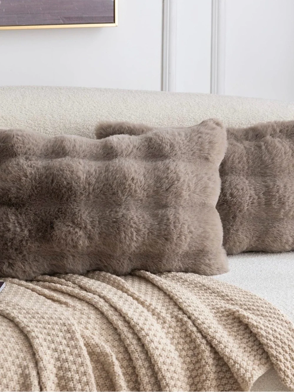 Lux Faux Fur Throw Pillow Covers— Taupe